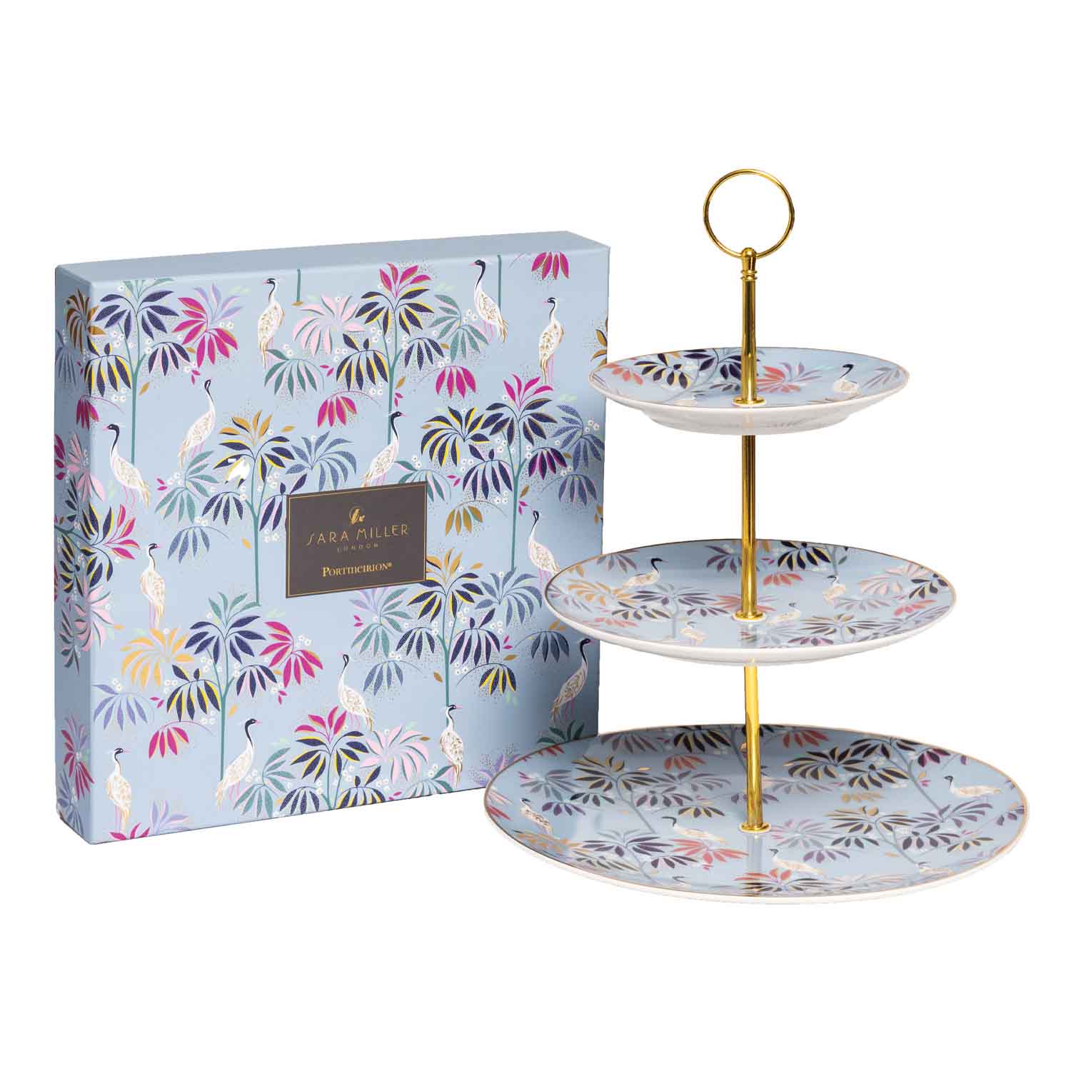 Sara Miller London India Collection 3 Tiered Cake Stand - Crane Garden - Sky Blue 27cm, 20cm, 15cm Boxed Set