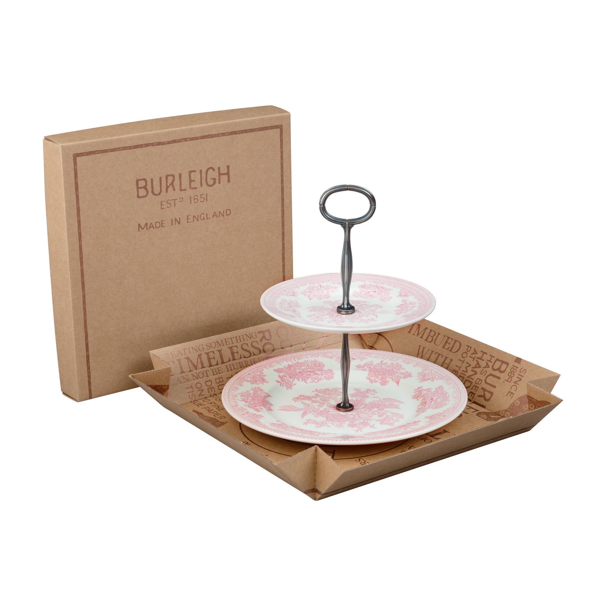 Burleigh Pink Asiatic Pheasants 2 Tier Cake Stand Gift Box