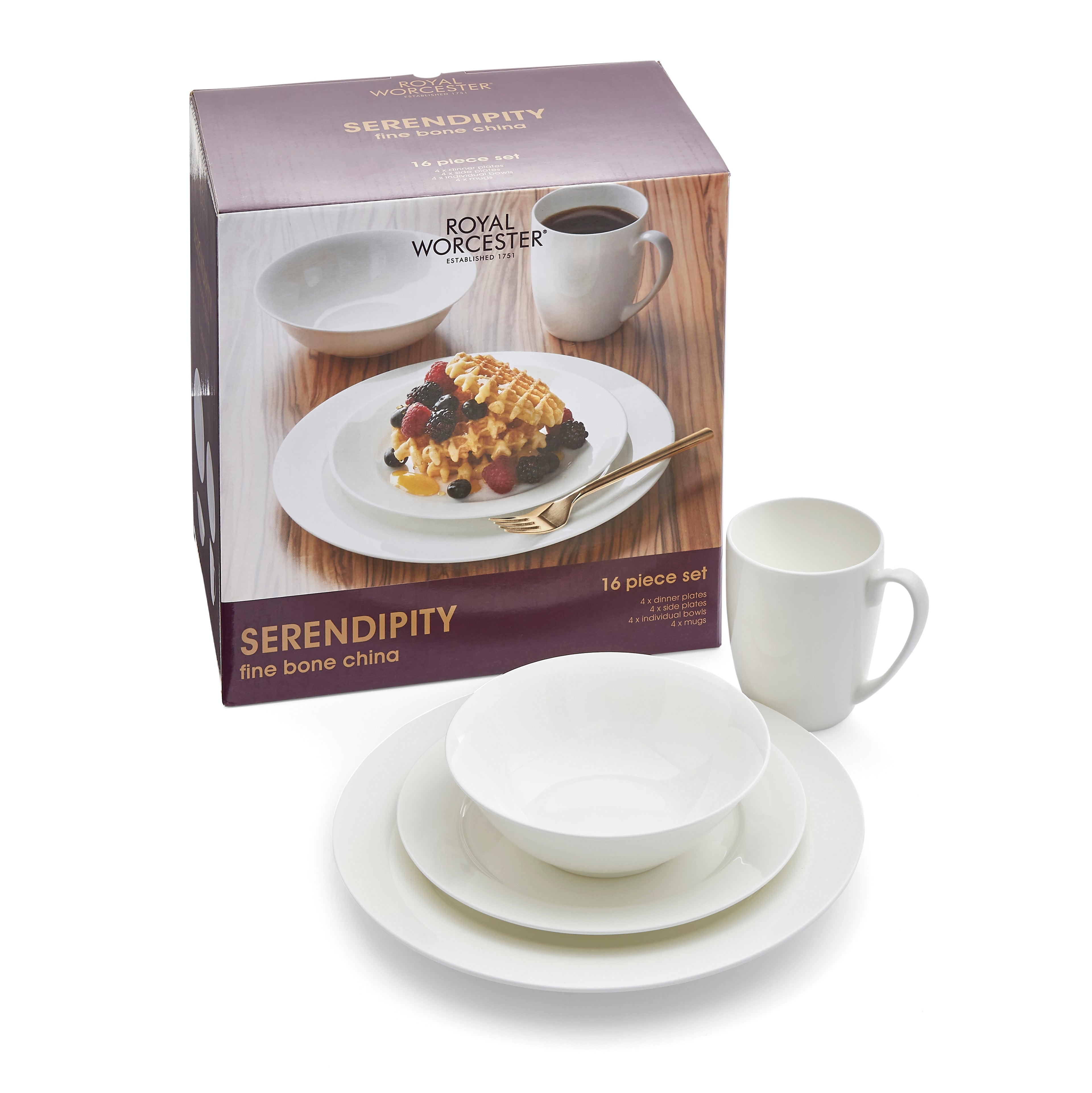 Royal Worcester Serendipity 16 Piece Set 4 x 27cm/10.5" Plate, 4 x 20cm/8" Plate, 4 x 16cm/6.25" Bowl, 4 x 0.35L/12fl.oz. Mug Boxed Set