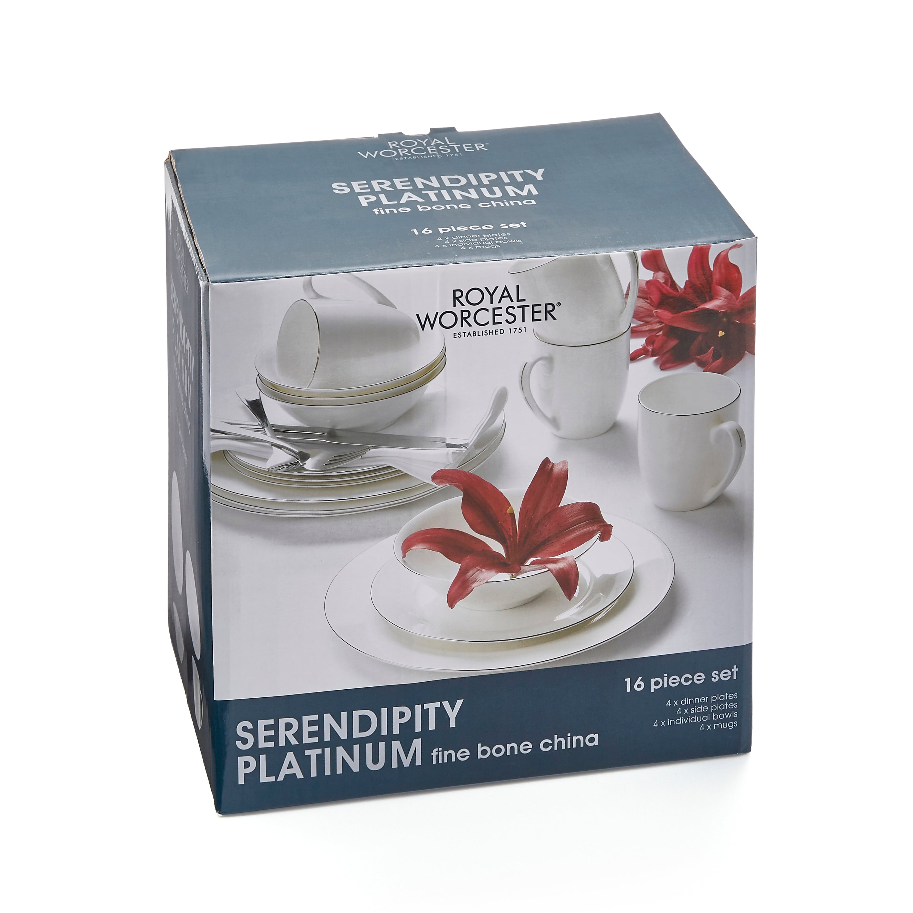 Serendipity Platinum 16 Piece Set 4 x 27cm/10.5" Plate, 4 x 20cm/8" Plate, 4 x 16cm/6.25" Bowl, 4 x 0.35L/12fl.oz. Mug Boxed Set
