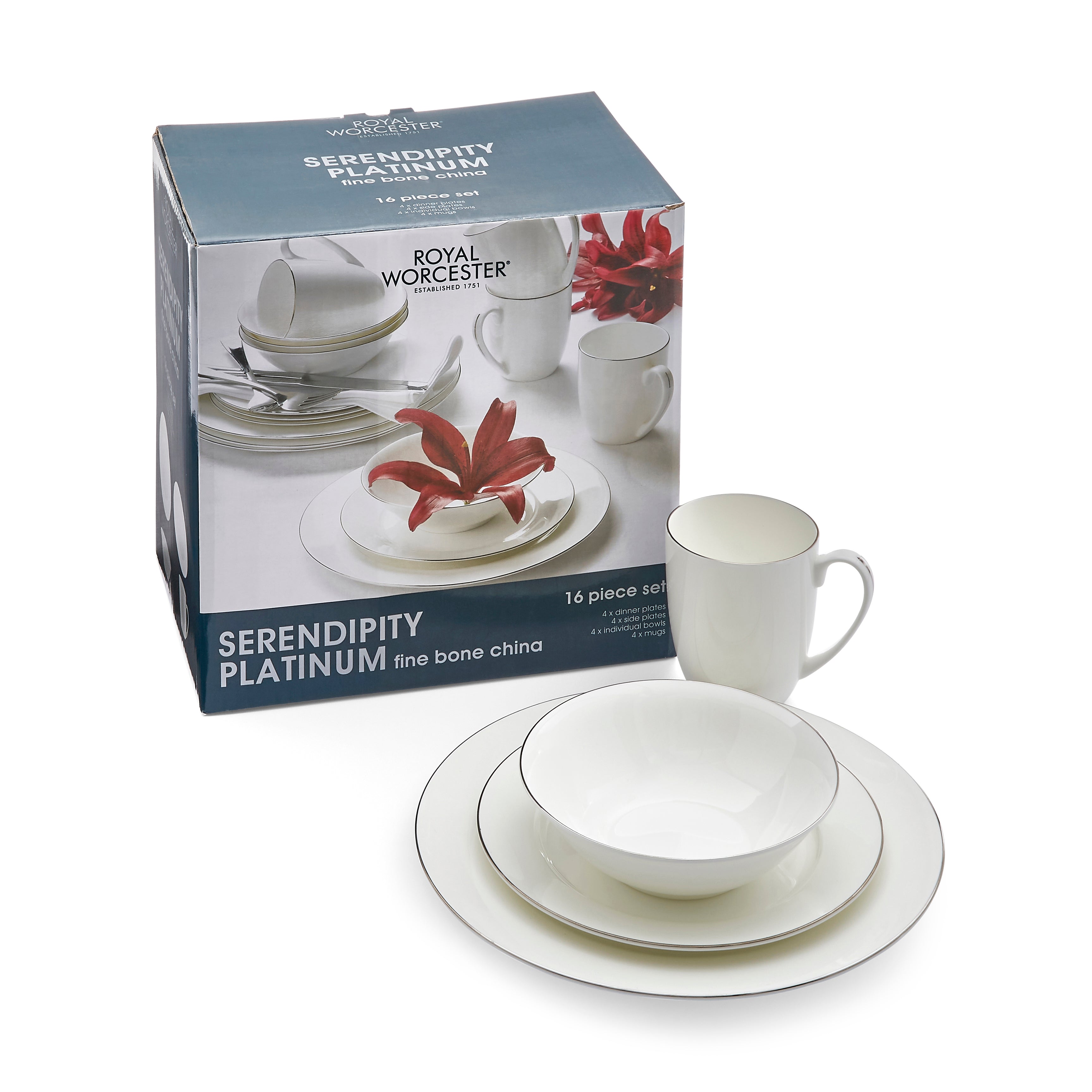 Serendipity Platinum 16 Piece Set 4 x 27cm/10.5" Plate, 4 x 20cm/8" Plate, 4 x 16cm/6.25" Bowl, 4 x 0.35L/12fl.oz. Mug Boxed Set