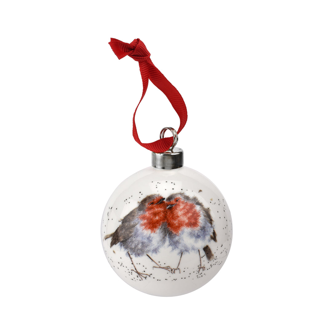 WreWrendale Designs - Christmas Collectionsndale Designs Coloured Collection Bauble - Snuggled up Together like Two Birds of a Feather (Robin) 7cm diam. Single