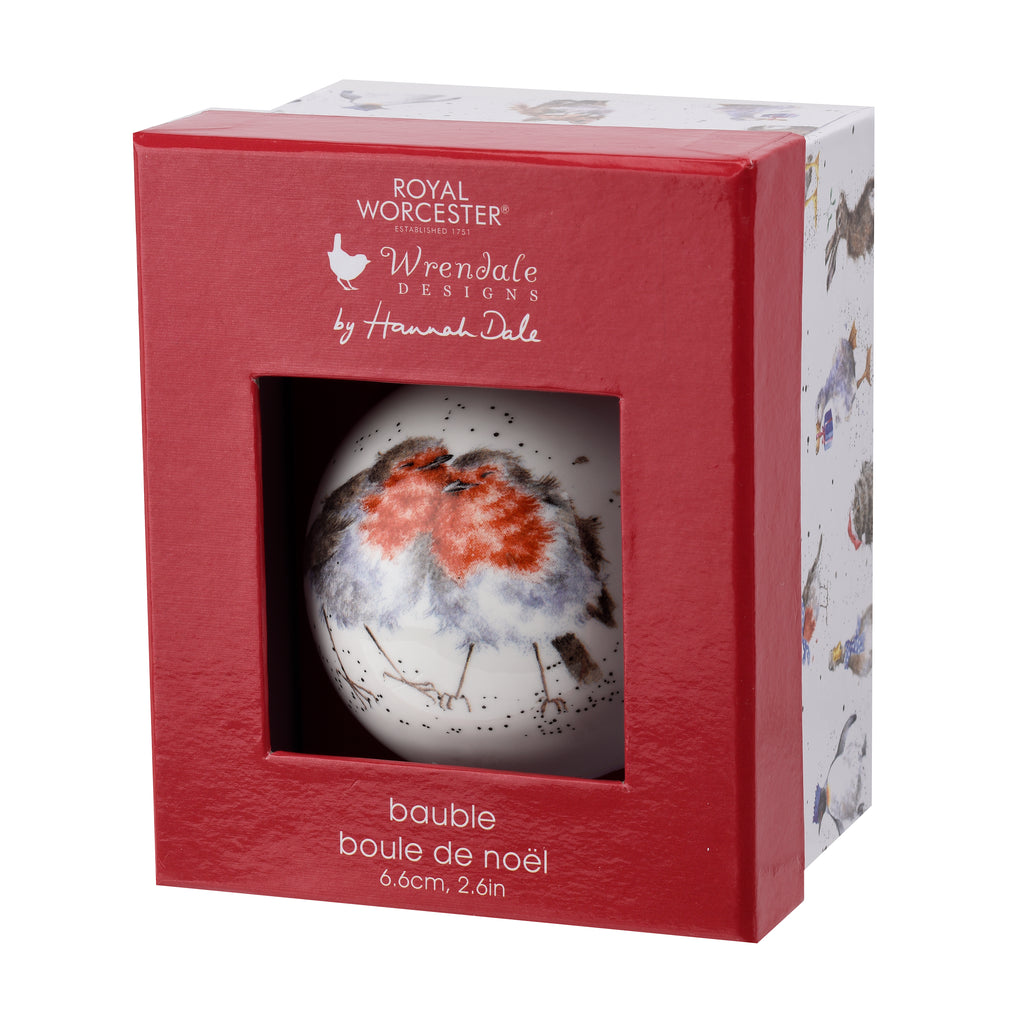 WreWrendale Designs - Christmas Collectionsndale Designs Coloured Collection Bauble - Snuggled up Together like Two Birds of a Feather (Robin) 7cm diam. Single