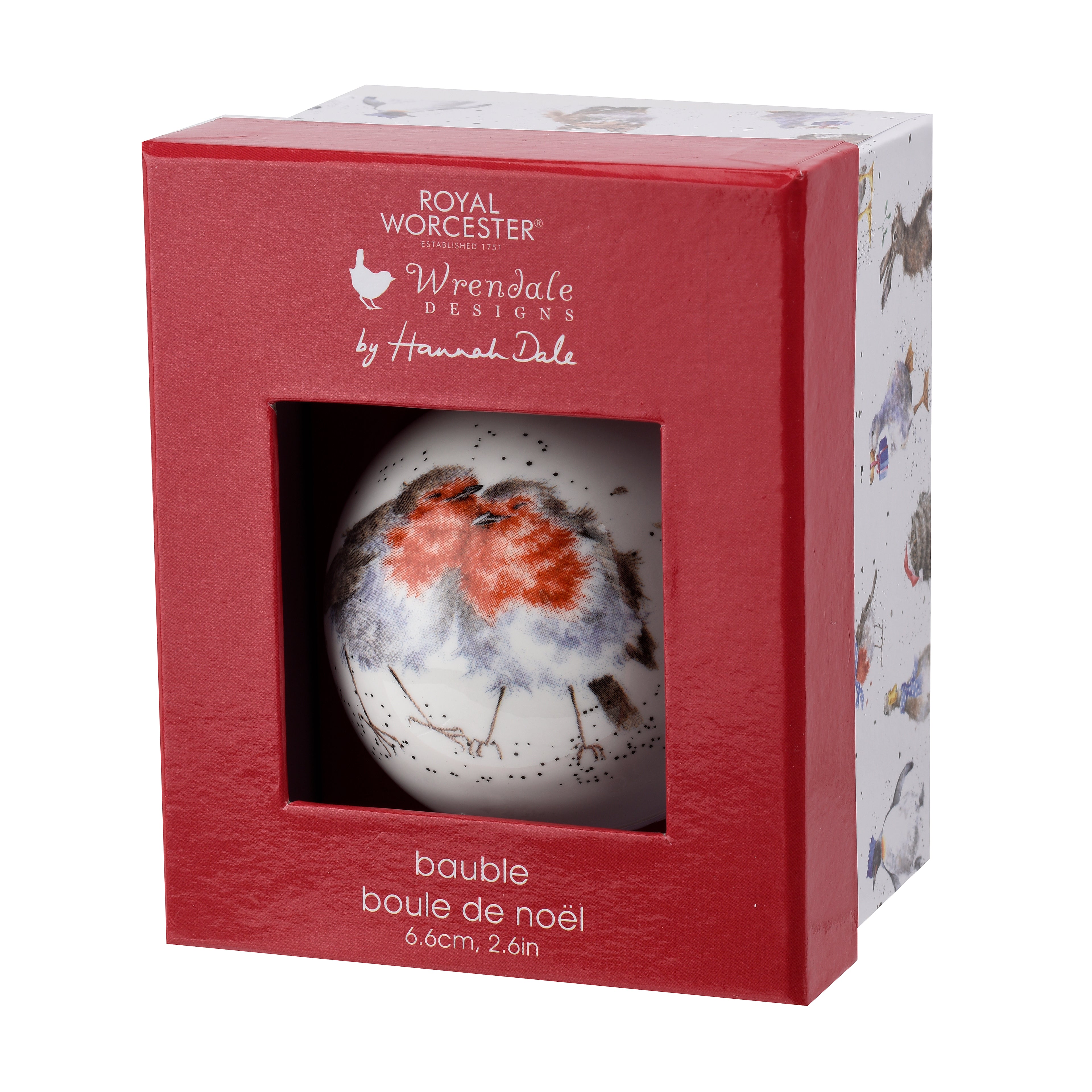 WreWrendale Designs - Christmas Collectionsndale Designs Coloured Collection Bauble - Snuggled up Together like Two Birds of a Feather (Robin) 7cm diam. Single