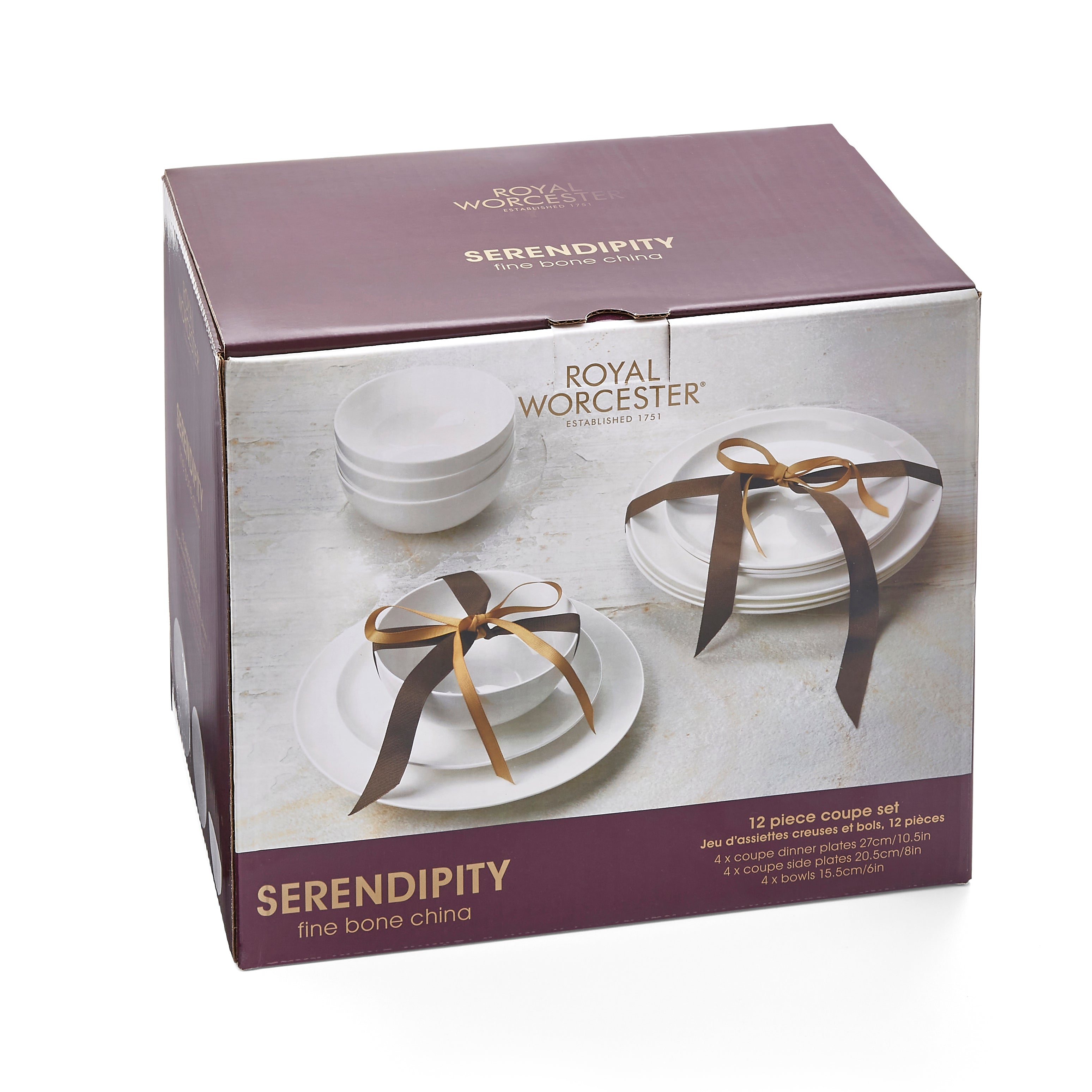 Royal Worcester Serendipity 12 Piece Set Plate 27cm/10.5", Plate 20cm/8", Cereal Bowl 15cm/6" Boxed Set