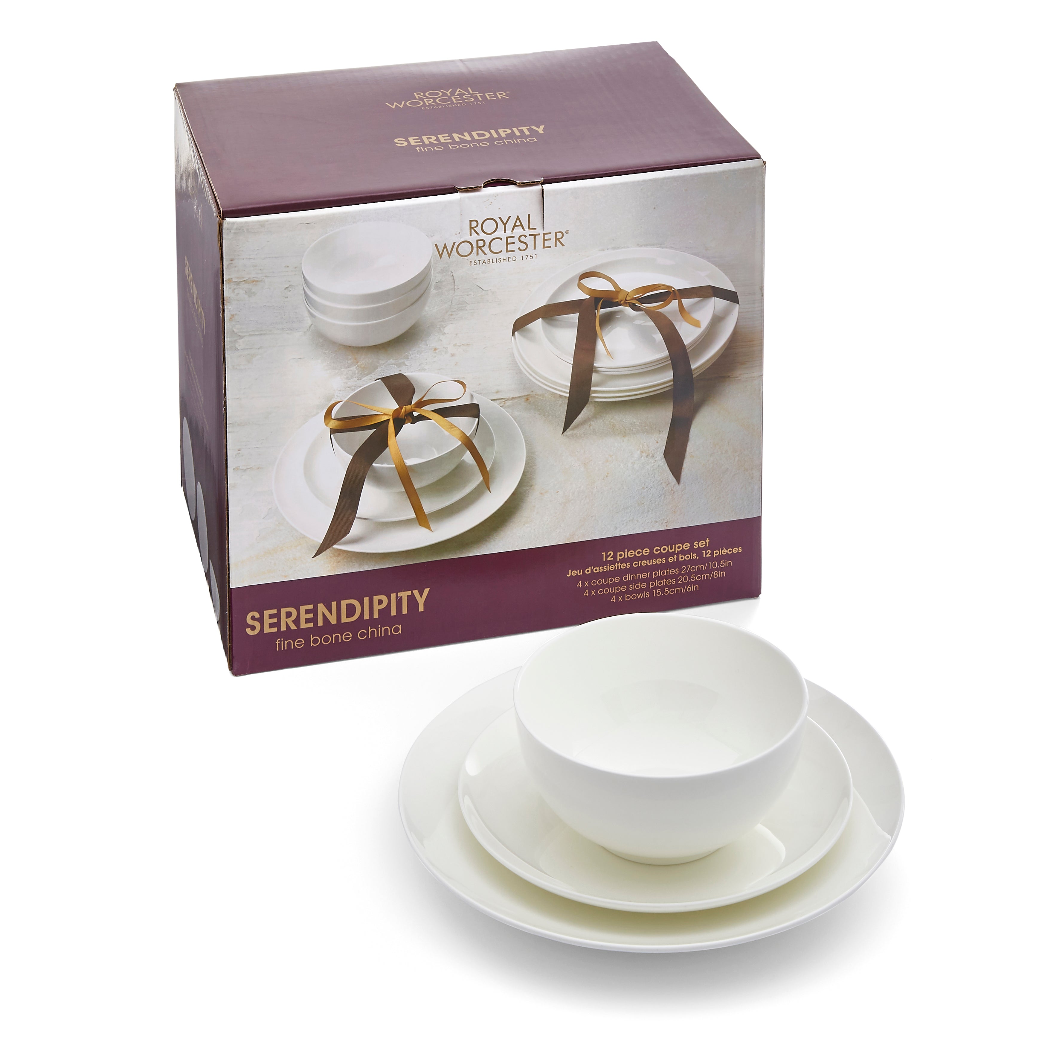 Royal Worcester Serendipity 12 Piece Set Plate 27cm/10.5", Plate 20cm/8", Cereal Bowl 15cm/6" Boxed Set