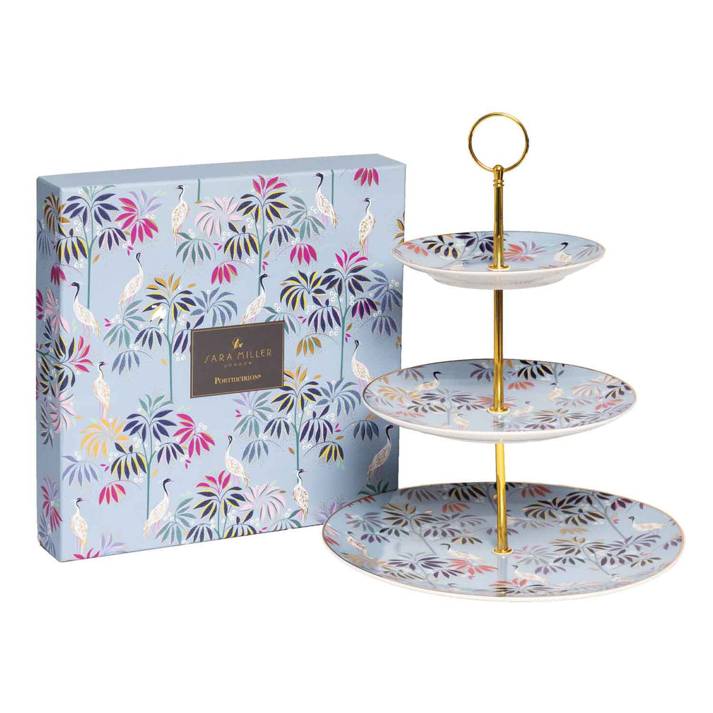 Sara Miller London India Collection 3 Tiered Cake Stand - Crane Garden - Sky Blue 27cm, 20cm, 15cm Boxed Set