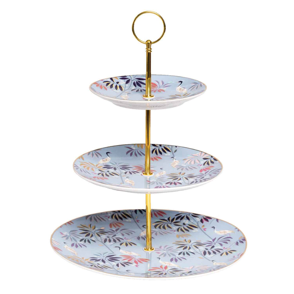 Sara Miller London India Collection 3 Tiered Cake Stand - Crane Garden - Sky Blue 27cm, 20cm, 15cm Boxed Set