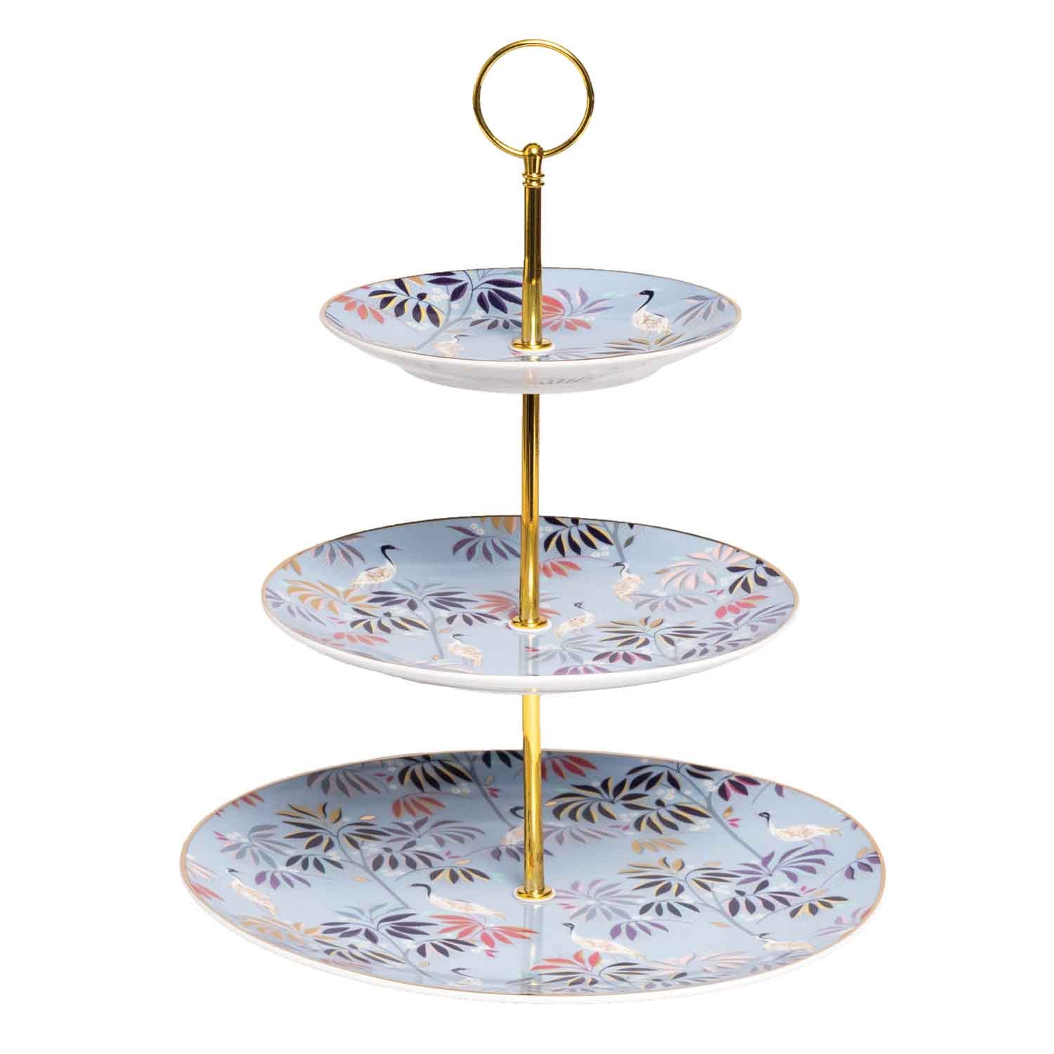 Sara Miller London India Collection 3 Tiered Cake Stand - Crane Garden - Sky Blue 27cm, 20cm, 15cm Boxed Set