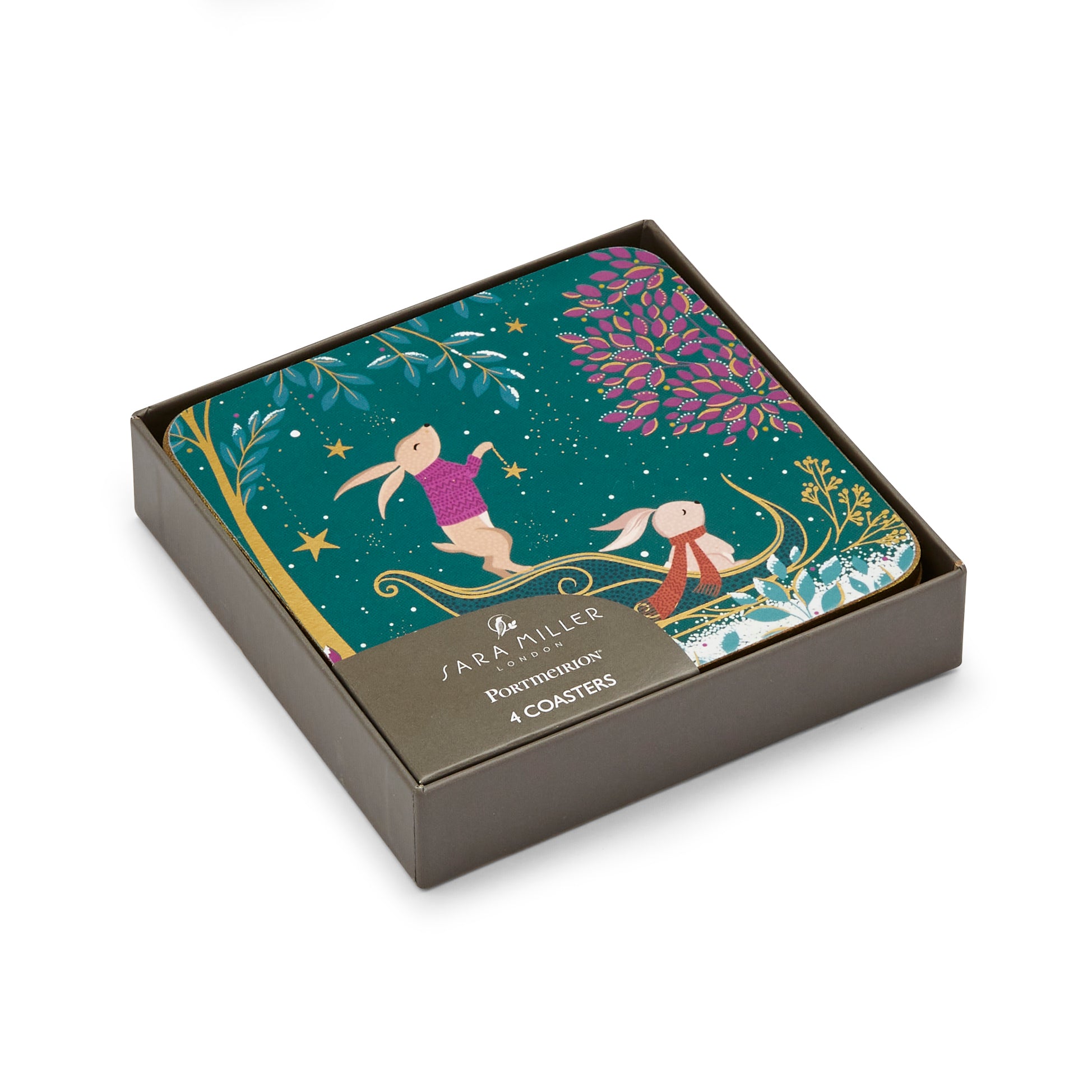 Sara Miller London Artisanne Noir Collection Woodland Tales Coasters - Set of 4 - Deer & Robin 10.5 x 10.5cm Boxed Set