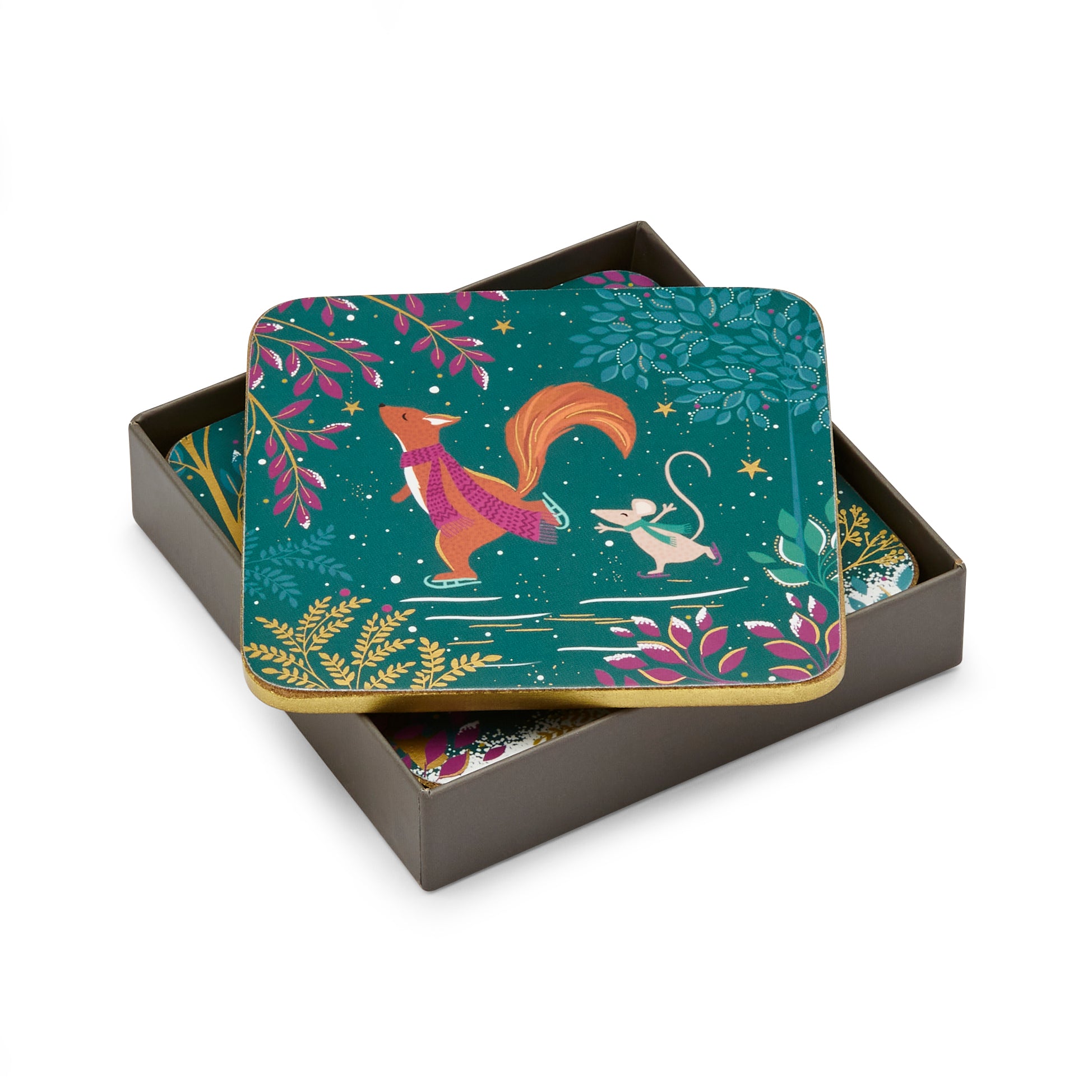Sara Miller London Artisanne Noir Collection Woodland Tales Coasters - Set of 4 - Deer & Robin 10.5 x 10.5cm Boxed Set