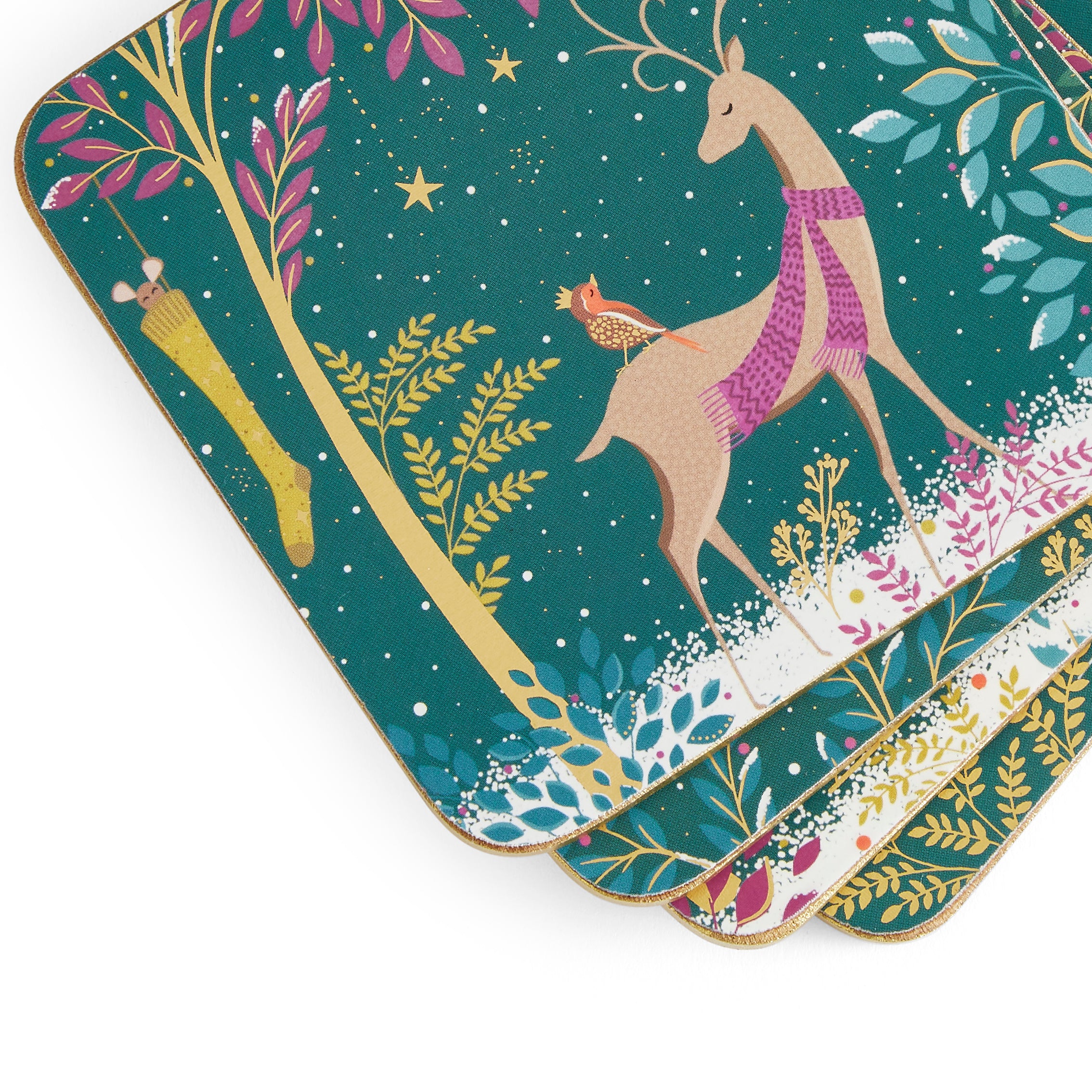 Sara Miller London Artisanne Noir Collection Woodland Tales Coasters - Set of 4 - Deer & Robin 10.5 x 10.5cm Boxed Set