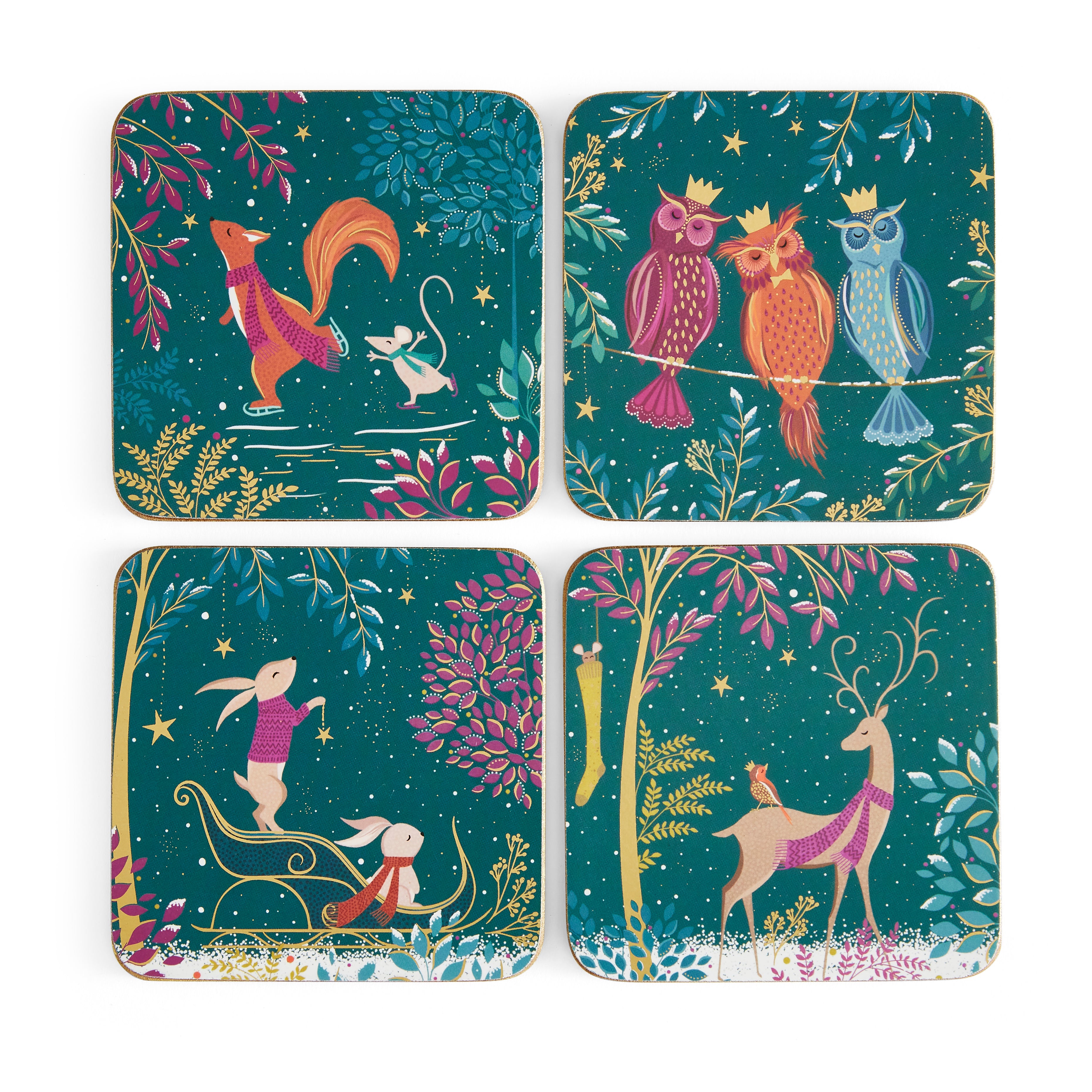 Sara Miller London Artisanne Noir Collection Woodland Tales Coasters - Set of 4 - Deer & Robin 10.5 x 10.5cm Boxed Set