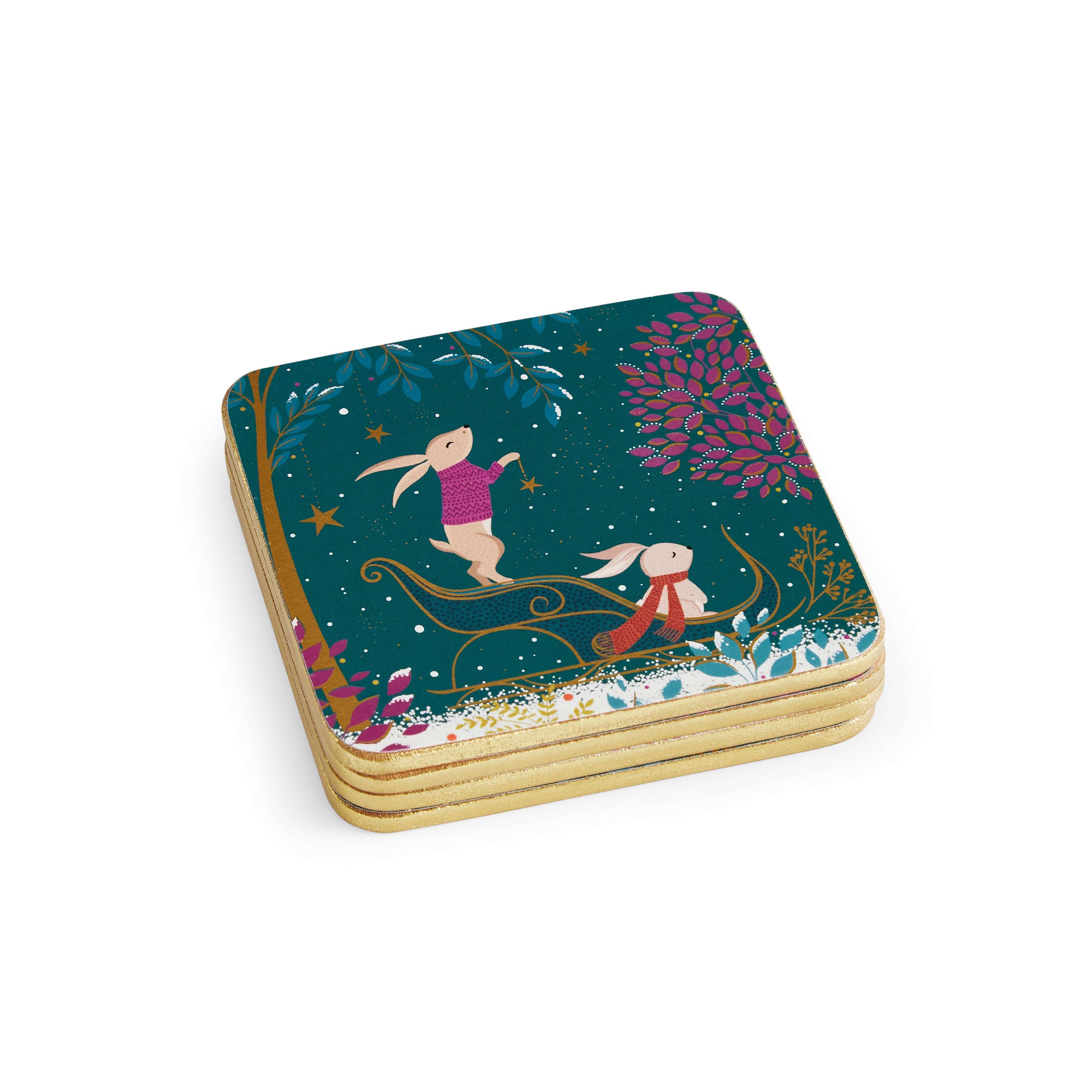 Sara Miller London Artisanne Noir Collection Woodland Tales Coasters - Set of 4 - Deer & Robin 10.5 x 10.5cm Boxed Set