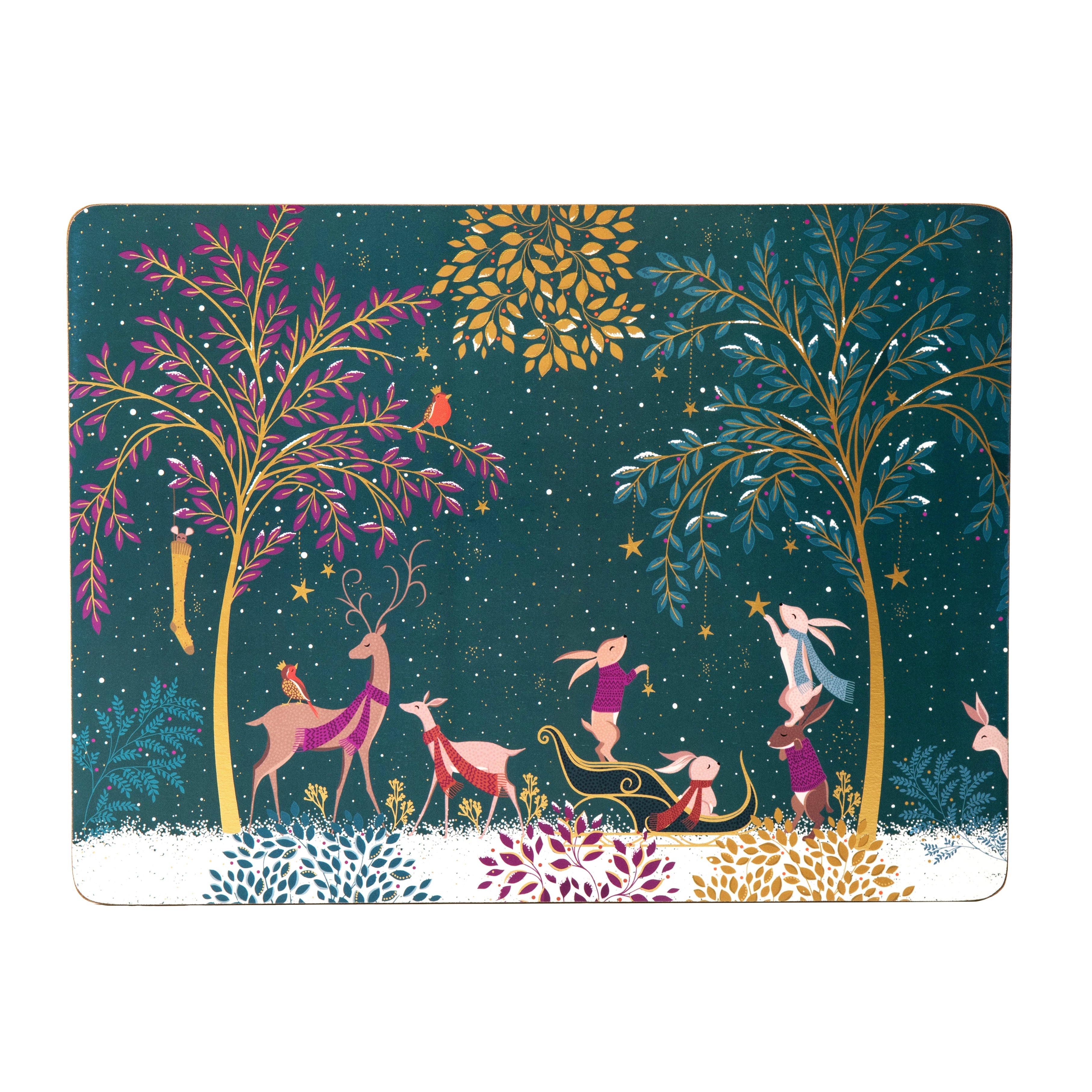 Sara Miller London Artisanne Noir Collection Woodland Tales Large Placemats - Set of 4 - Deer & Robin 40.1 x 29.8cm Boxed Set