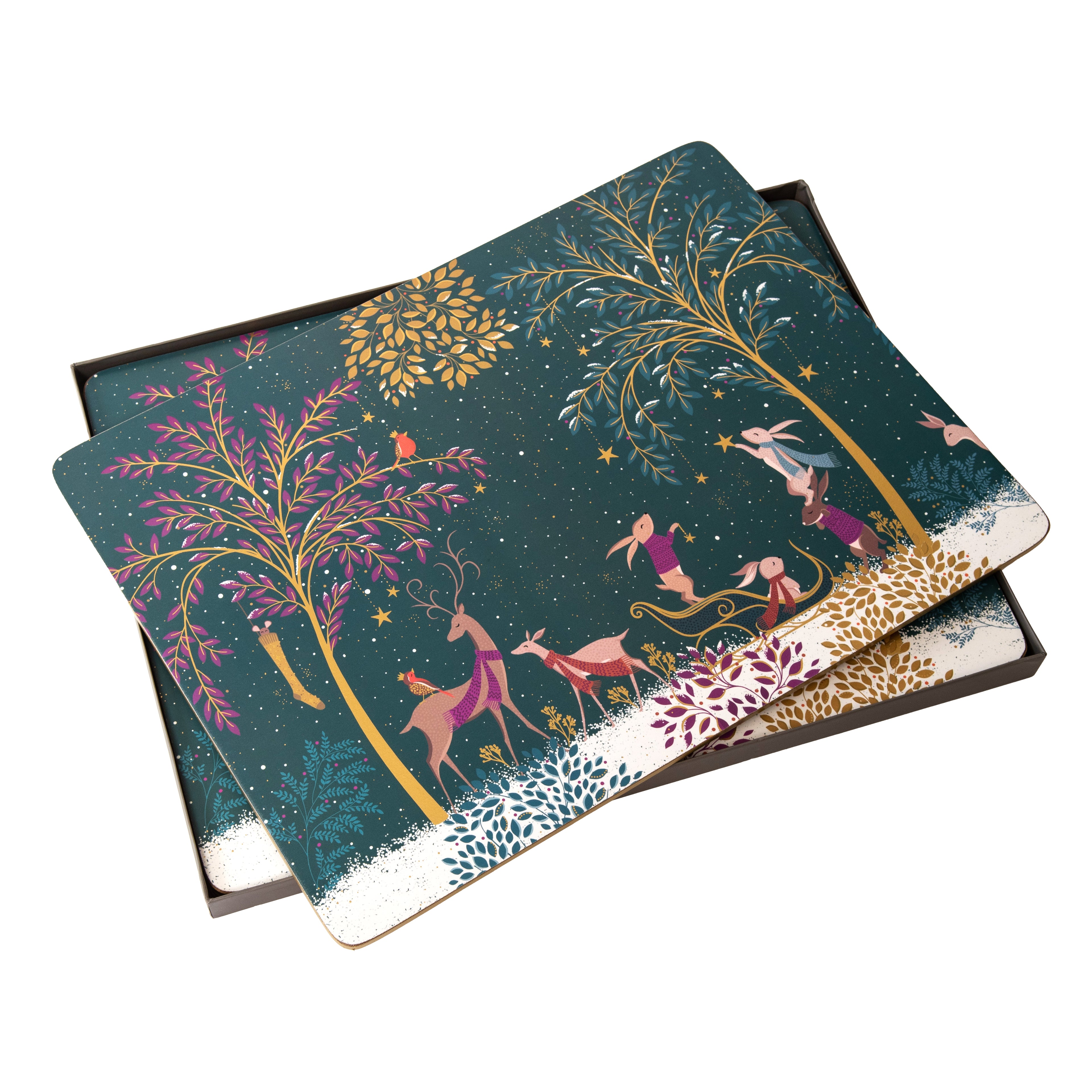 Sara Miller London Artisanne Noir Collection Woodland Tales Large Placemats - Set of 4 - Deer & Robin 40.1 x 29.8cm Boxed Set