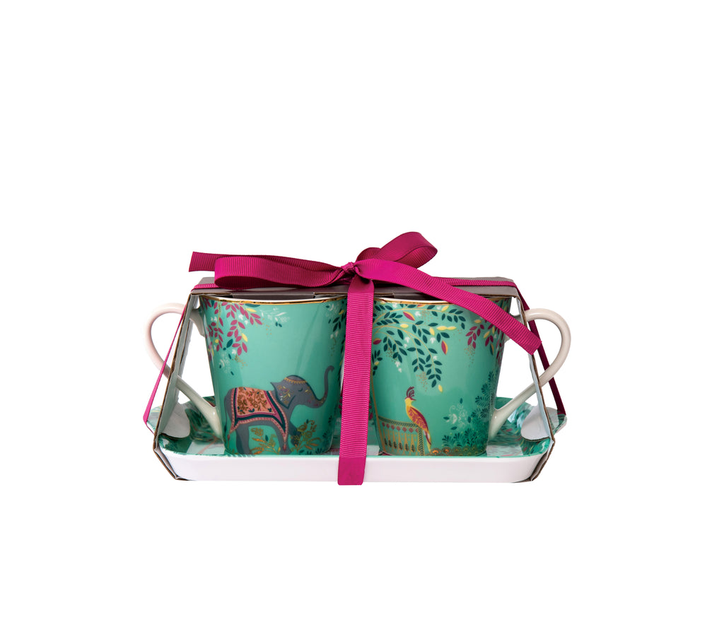 Sara Miller London Artisanne Noir Collection  Mug & Tray set - Elephant's Oasis - Light Jade Mug 0.18L 
Tray 21 x 14cm Single "