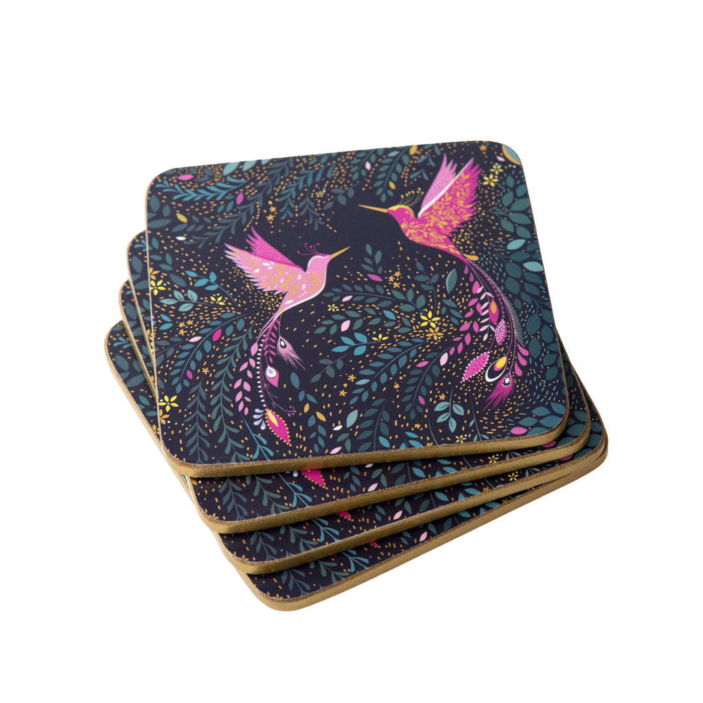 Sara Miller London Artisanne Noir Collection India Collection Coasters - Set of 4 - Hummingbird Paradise 10.5 x 10.5cm Boxed Set
