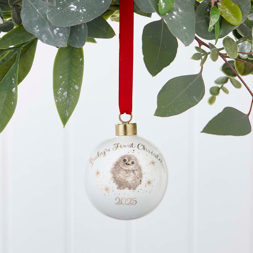 Bauble - Baby's first Christmas (Owls) 7cm diam. Single