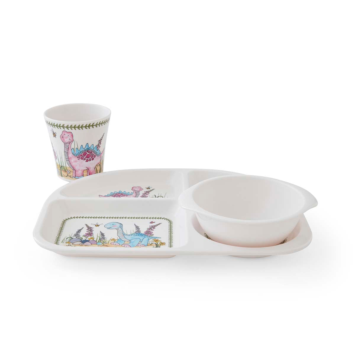 NEW Mini Meirion 3pc Set - Dinosaur (Divided Plate, Bowl, Cup) Plate 26.8cm x 21cm,
Bowl 4.5cm x 13.5cm x 11.5cm
Beaker 8cm x 8cm x 8cm Set