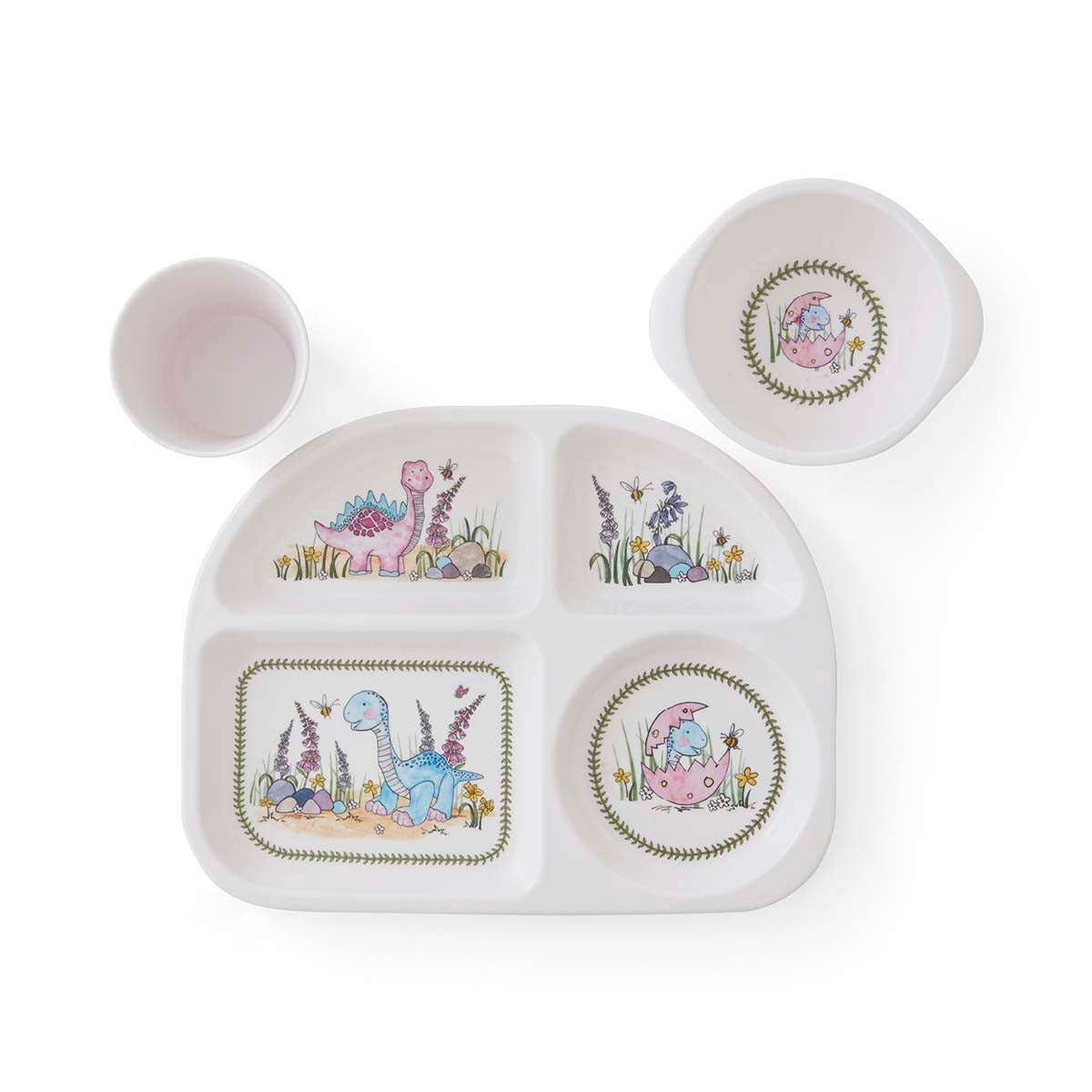 NEW Mini Meirion 3pc Set - Dinosaur (Divided Plate, Bowl, Cup) Plate 26.8cm x 21cm,
Bowl 4.5cm x 13.5cm x 11.5cm
Beaker 8cm x 8cm x 8cm Set