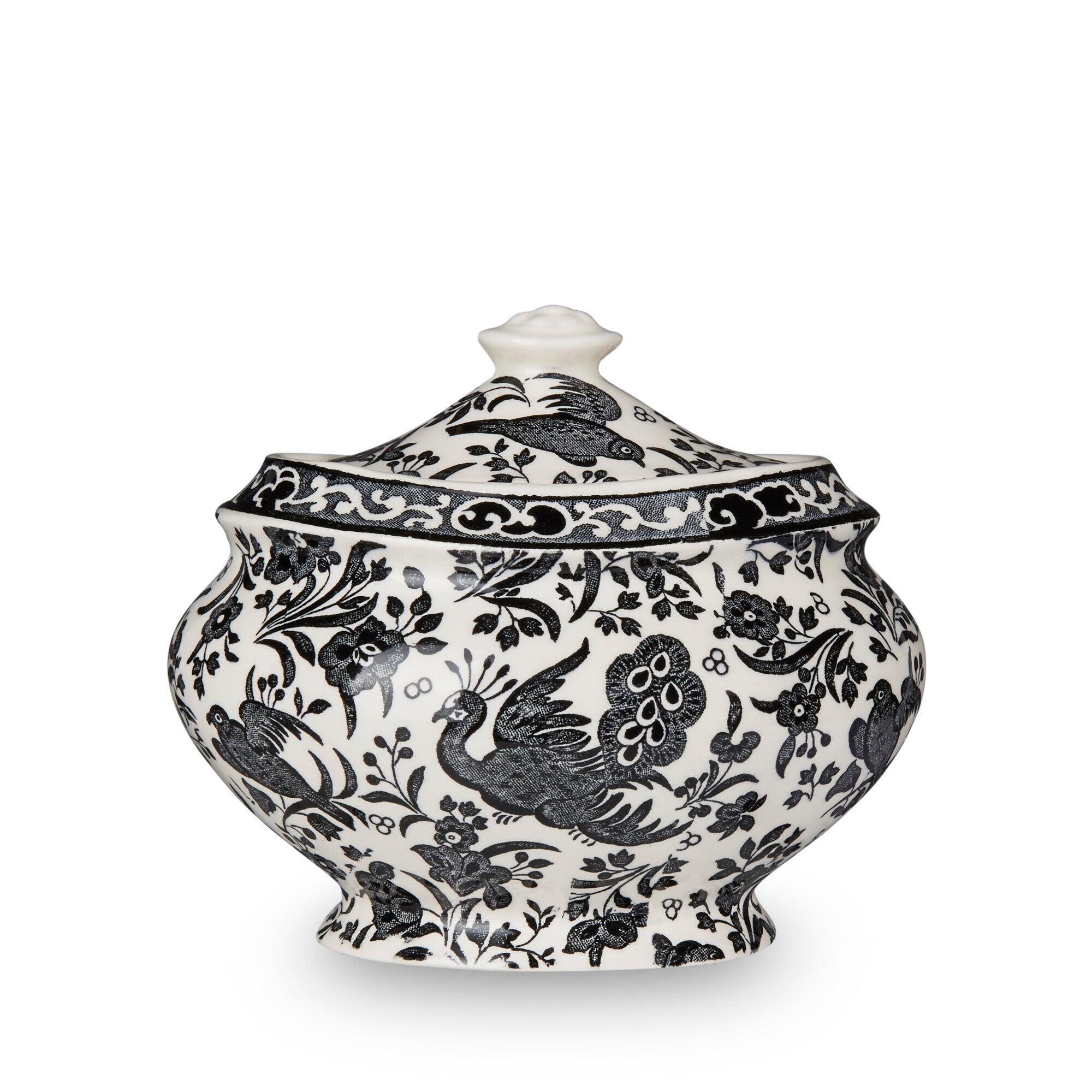 Burleigh Black Regal Peacock Jam Pot/ Covered Sugar 480g./ 1lb