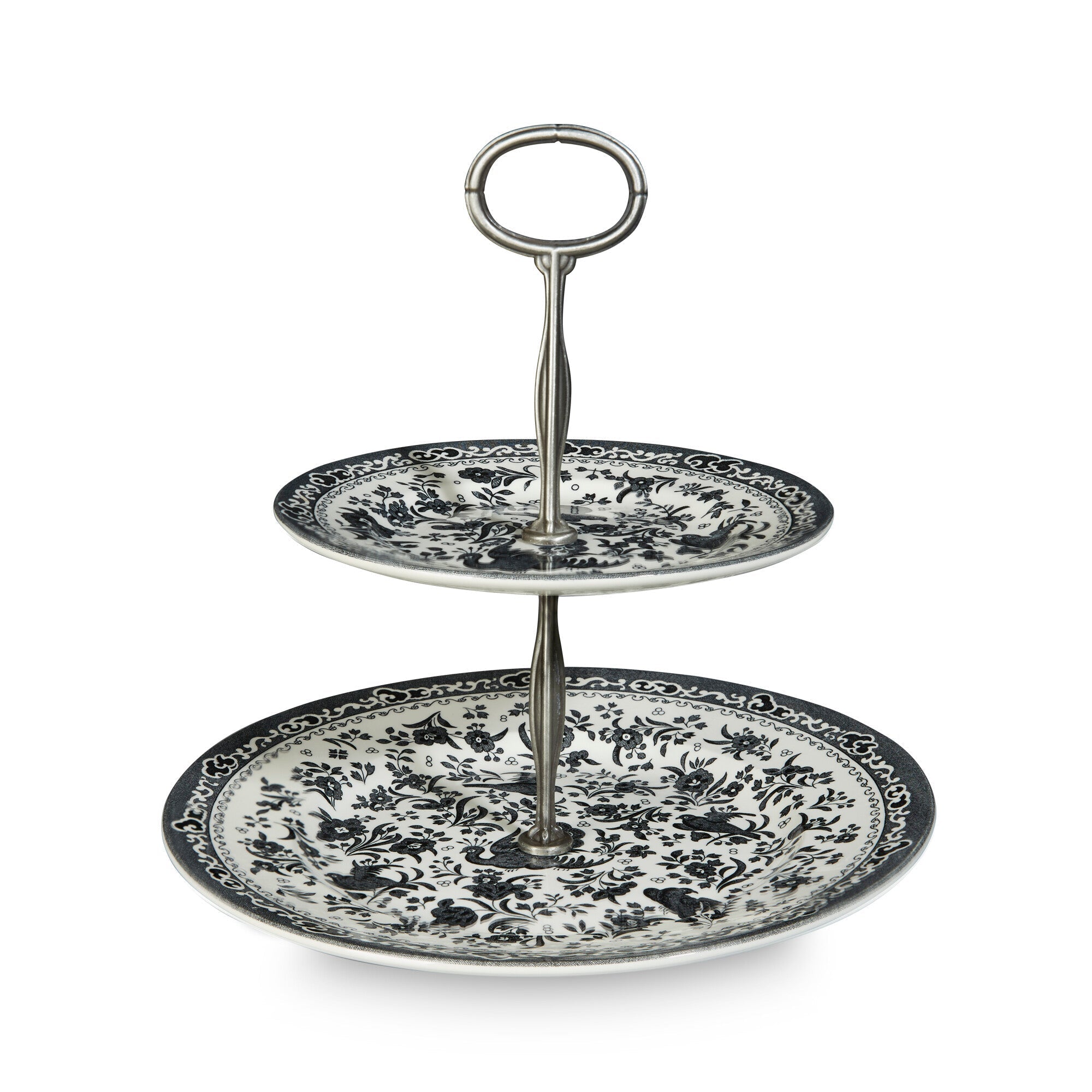 Burleigh Black Regal Peacock 2 Tier Cake Stand 17.5cm. & 25cm.Gift Box
