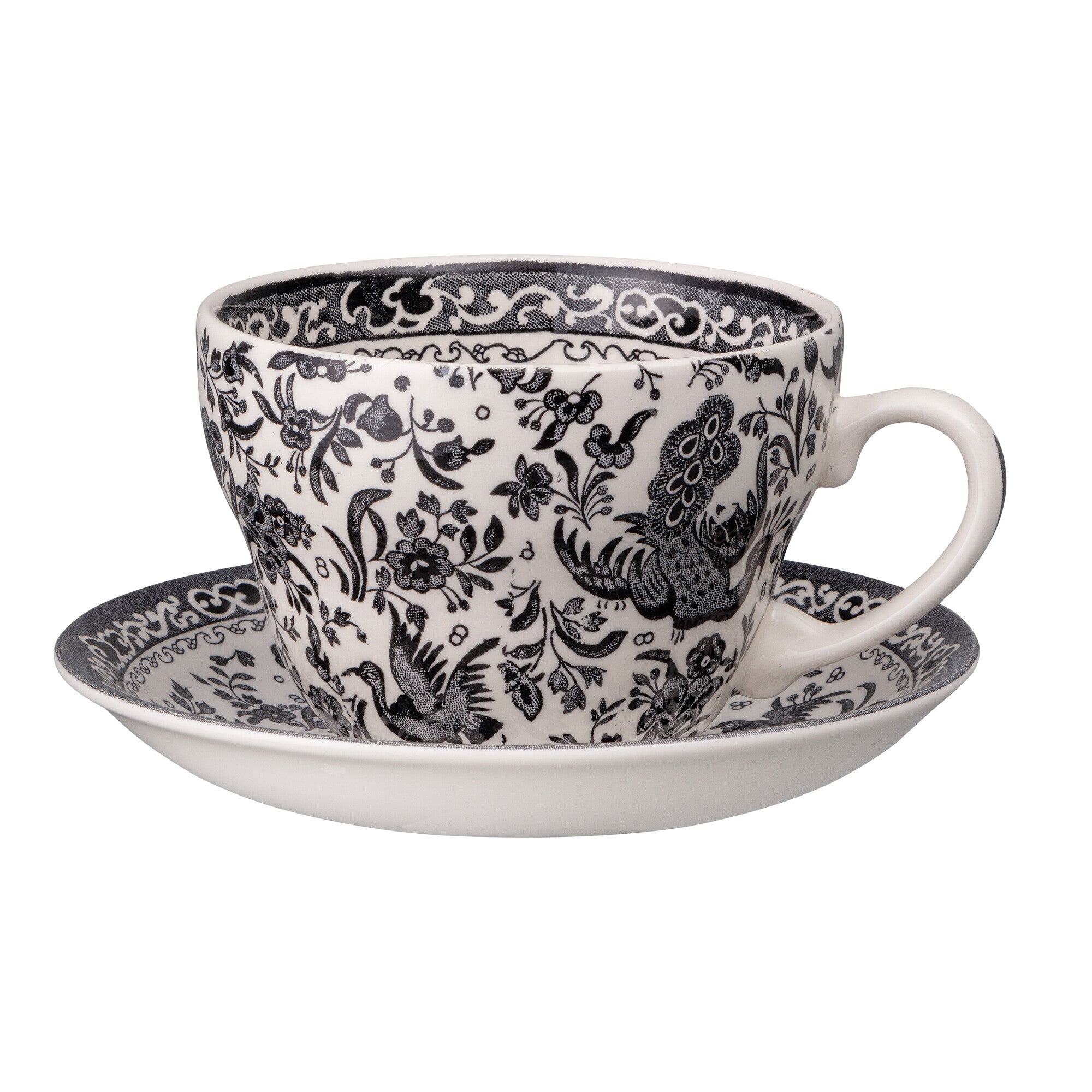 Burleigh Black Regal Peacock Breakfast Cup & Saucer