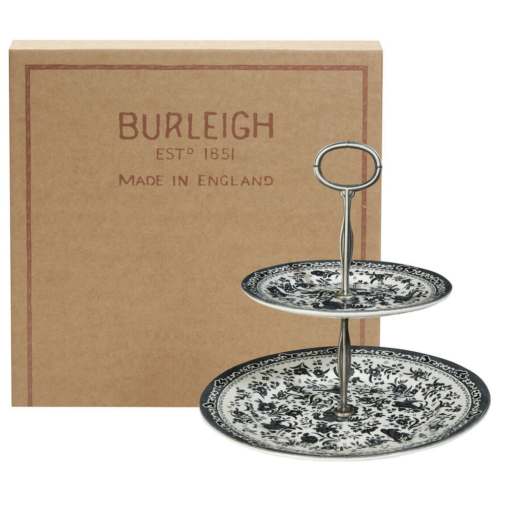 Burleigh Black Regal Peacock 2 Tier Cake Stand 17.5cm. & 25cm.Gift Box