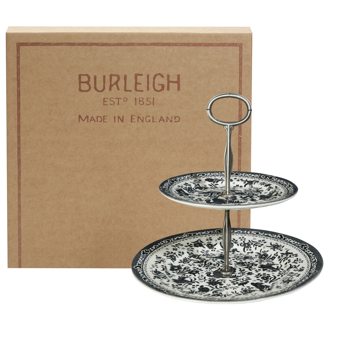 Burleigh Black Regal Peacock 2 Tier Cake Stand 17.5cm. & 25cm.Gift Box
