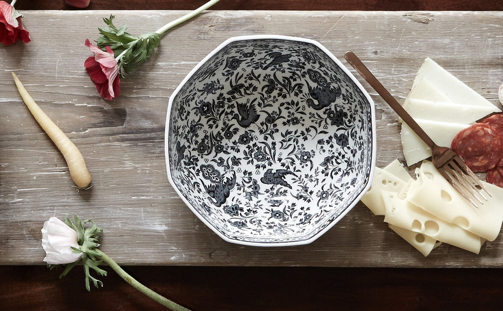 Burleigh Black Regal Peacock Octagonal Bowl Medium 20.5cm