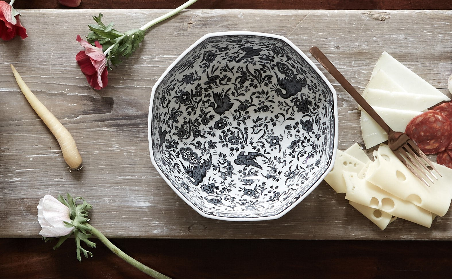 Burleigh Black Regal Peacock Octagonal Bowl Medium 20.5cm