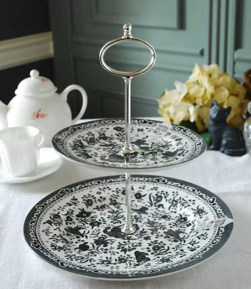 Burleigh Black Regal Peacock 2 Tier Cake Stand 17.5cm. & 25cm.Gift Box