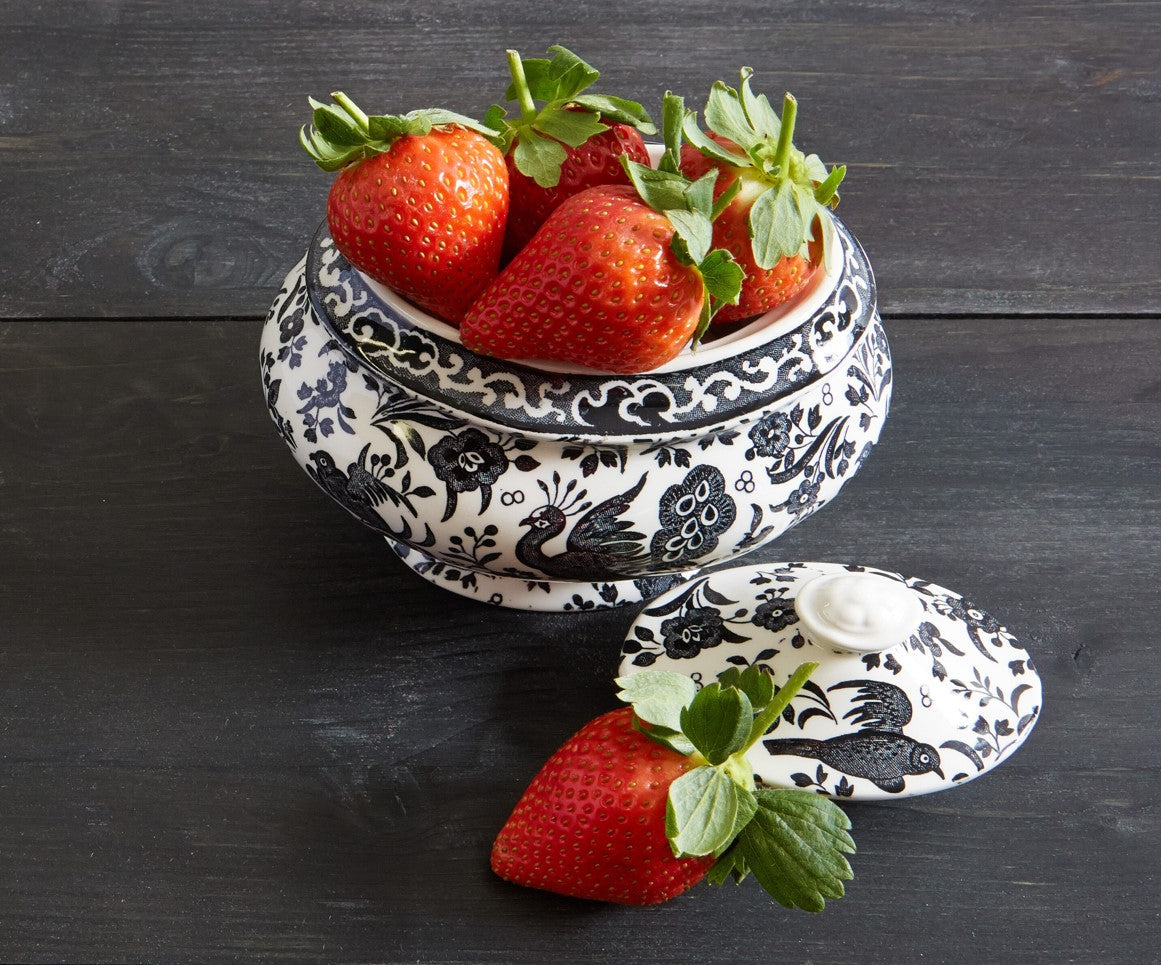 Burleigh Black Regal Peacock Jam Pot/ Covered Sugar 480g./ 1lb