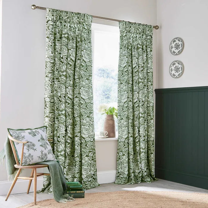 Hibiscus Lined Curtains Green