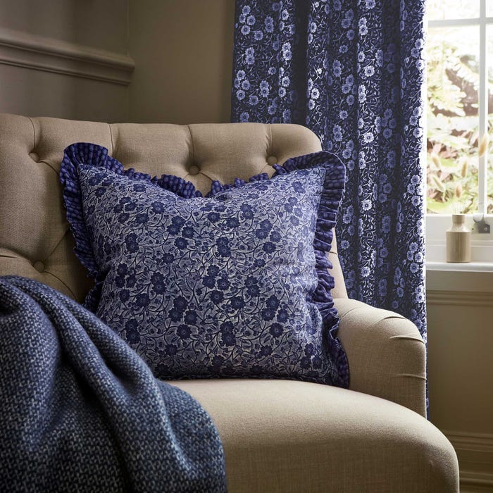 Burleigh x Bedeck of Belfast Calico Frilled Edge Cushion 50cm x 50cm, Blue