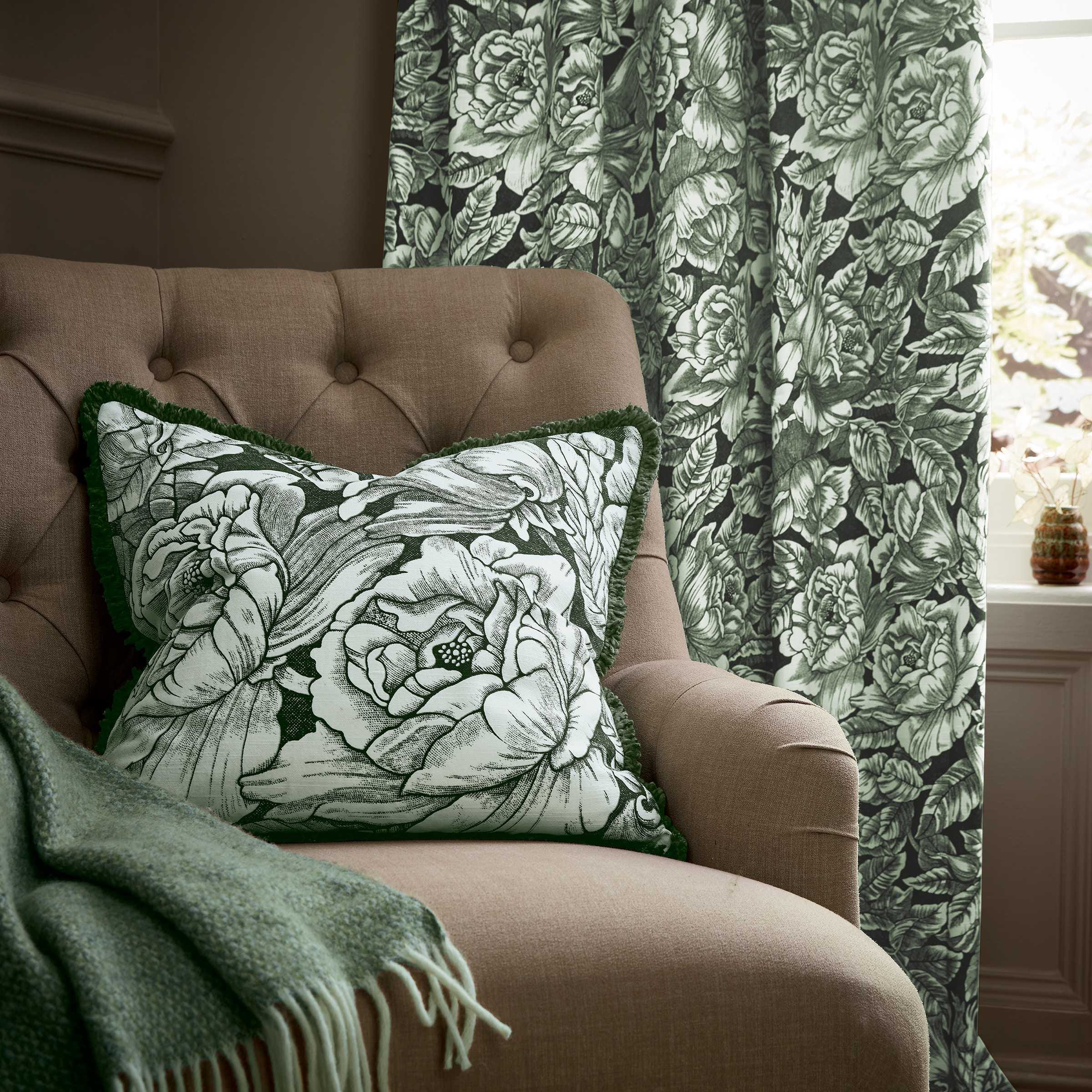 Burleigh x Bedeck of Belfast Hibiscus Fringed Edge Cushion 50cm x 50cm, Green