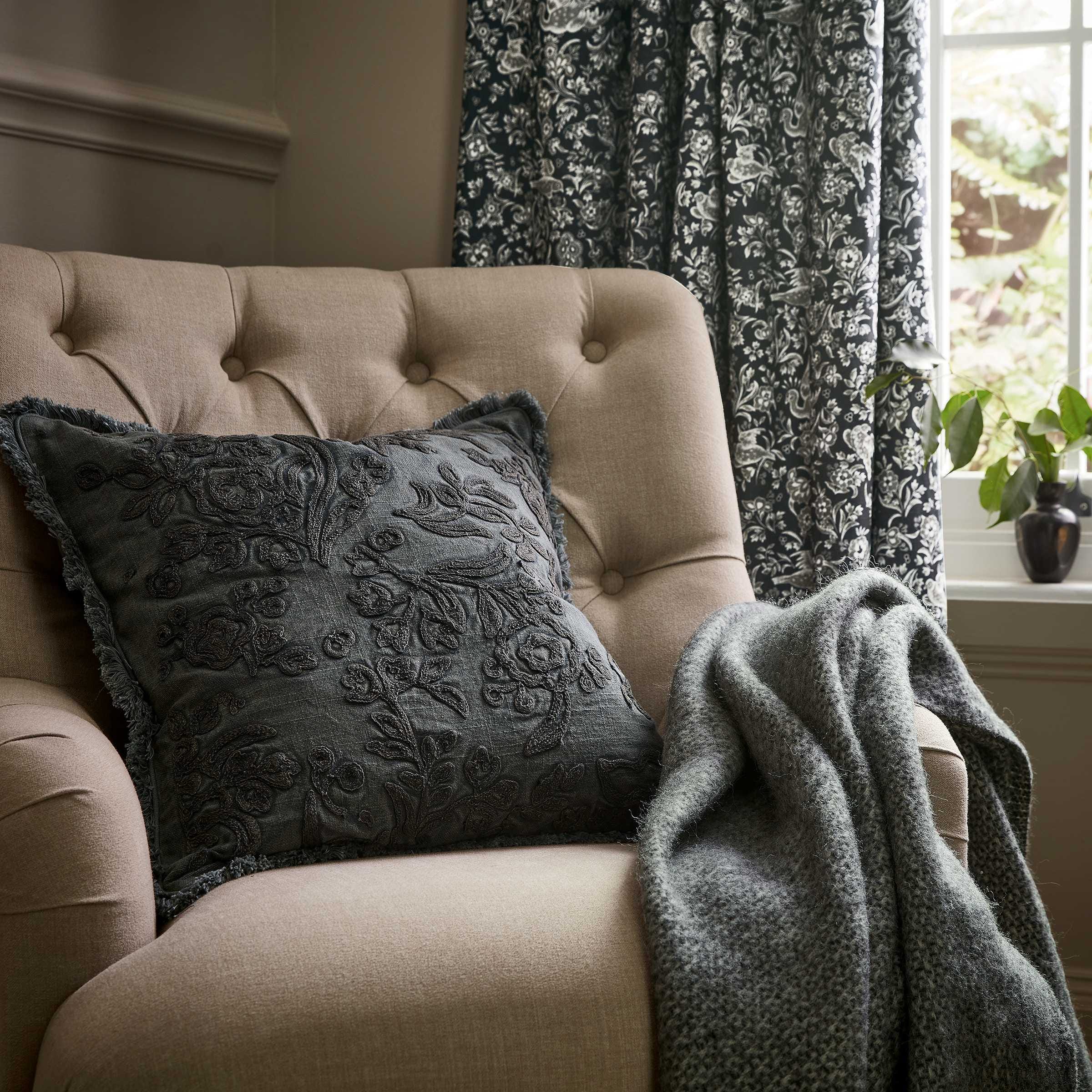 Burleigh x Bedeck of Belfast Regal Peacock Embroidered Cushion 50cm x 50cm, Charcoal/White