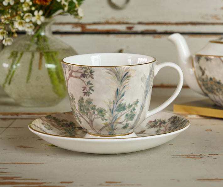Kit kemp Gold 8oz Teacup & Saucer Tall Trees
