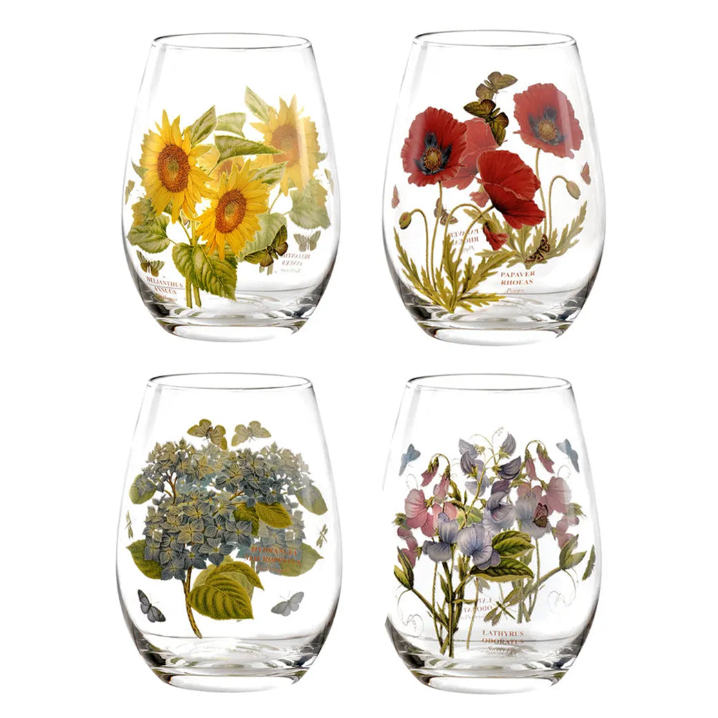 Botanic Garden Stemless Wine Glasses Assorted Motifs S/4 0.57L Boxed Set